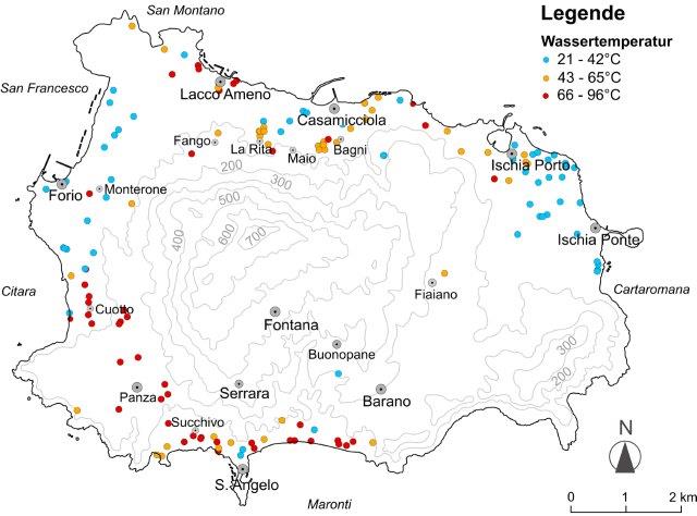 Grafik des Buches: Führer zu den Thermalwässern der Insel Ischia. Thermalwasser-Temperaturen